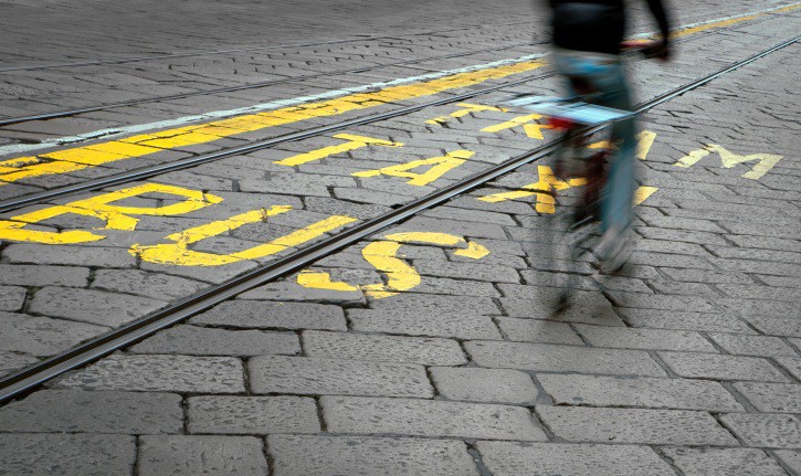 Cyclist and tram track