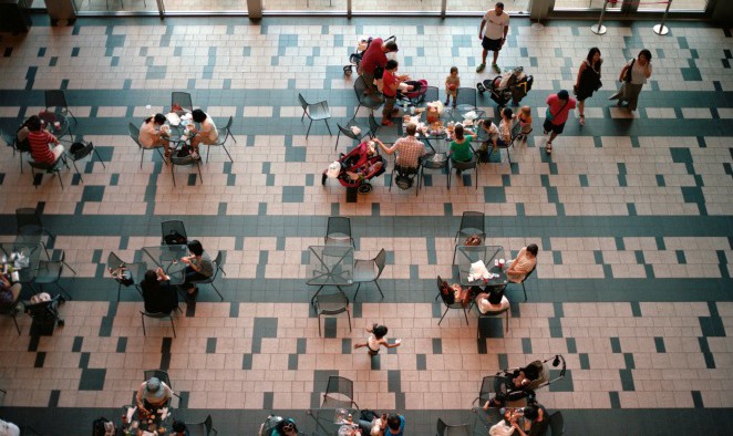 Overhead view of people taking a lunch break