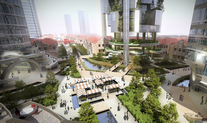 Vertical farms around couryard, Shanghai Sustainable Masterplan - Central Courtyard