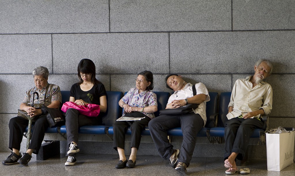 Asleep at a mall in Hong Kong